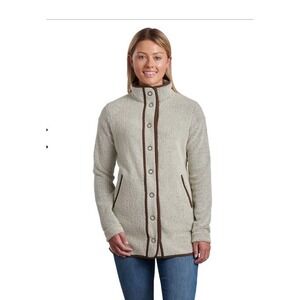 Kuhl Women's Clifton‎ Snap Long Jacket Size Large Beige Fleece Trim Athletic Fit